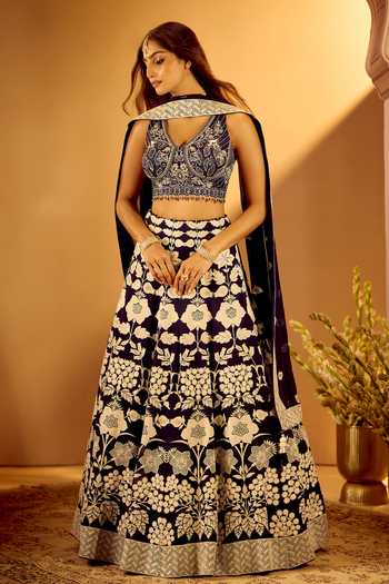 Buy_Samyukta Singhania_Blue Silk, Georgette V-neck Floral Embroidered Lehenga Set 