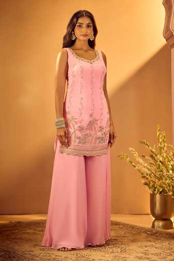 Buy_Samyukta Singhania_Pink Georgette Scoop Neck Embroidered Kurta Palazzo Set _Online_at_Aza_Fashions