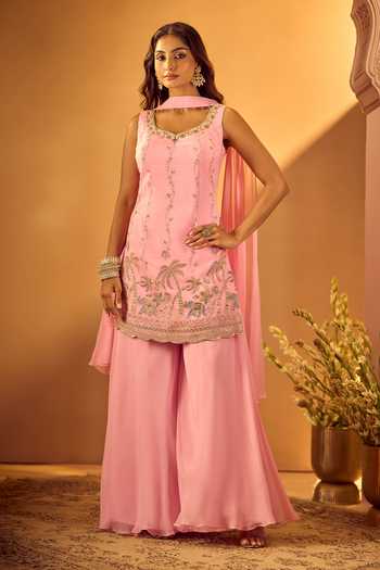 Shop_Samyukta Singhania_Pink Georgette Scoop Neck Embroidered Kurta Palazzo Set 