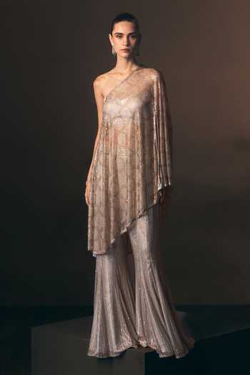 Angad Singh Grey Net One Shoulder Moonstone Soft Pant Set Online at Aza Fashions Angad Singh_Grey Net One Shoulder Moonstone Soft Pant Set _Online_at_Aza_Fashions