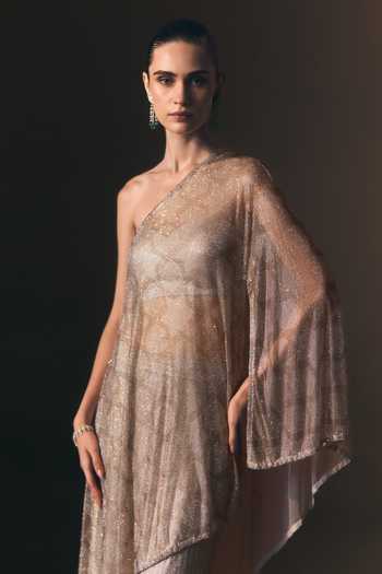 Buy Angad Singh Grey Net One Shoulder Moonstone Soft Pant Set Buy_Angad Singh_Grey Net One Shoulder Moonstone Soft Pant Set
