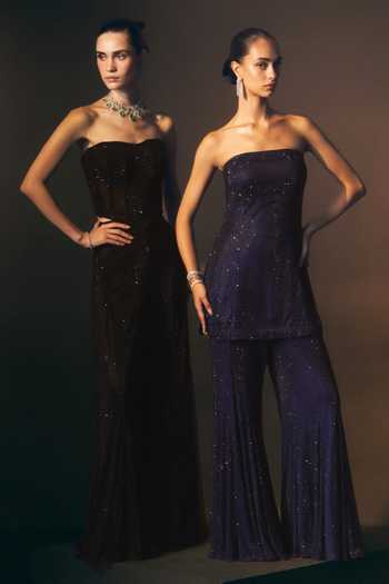 ANGAD SINGH_Blue Net Bandeau Neck Nocturne Soft Top And Sharara Co-ord Set _Online_at_Aza_Fashions