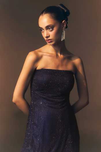 ANGAD SINGH_Blue Net Bandeau Neck Nocturne Soft Top And Sharara Co-ord Set _at_Aza_Fashions