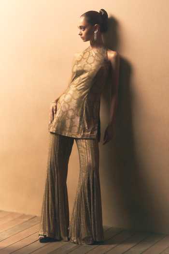 ANGAD SINGH_Gold Net Halter Neck Aurelia Soft Blouse And Sharara Set _Online_at_Aza_Fashions