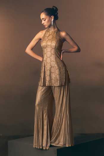 Shop_ANGAD SINGH_Gold Net Halter Neck Aurelia Soft Blouse And Sharara Set _Online_at_Aza_Fashions