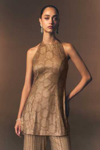 Buy_ANGAD SINGH_Gold Net Halter Neck Aurelia Soft Blouse And Sharara Set 