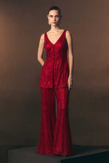 Buy_ANGAD SINGH_Red Net V-neck Ember Soft Shirt And Sharara Set _Online_at_Aza_Fashions