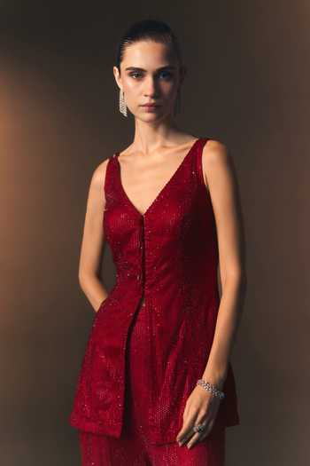 Shop_ANGAD SINGH_Red Net V-neck Ember Soft Shirt And Sharara Set _Online_at_Aza_Fashions