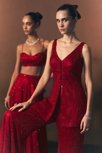 ANGAD SINGH_Red Net V-neck Ember Soft Shirt And Sharara Set _at_Aza_Fashions