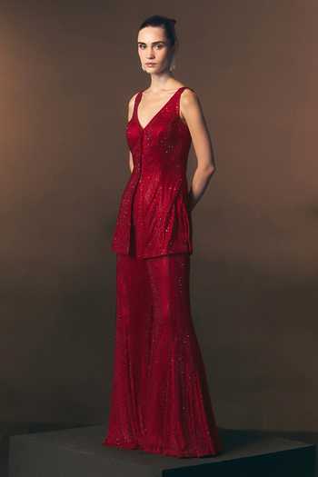 Buy_ANGAD SINGH_Red Net V-neck Ember Soft Shirt And Sharara Set 