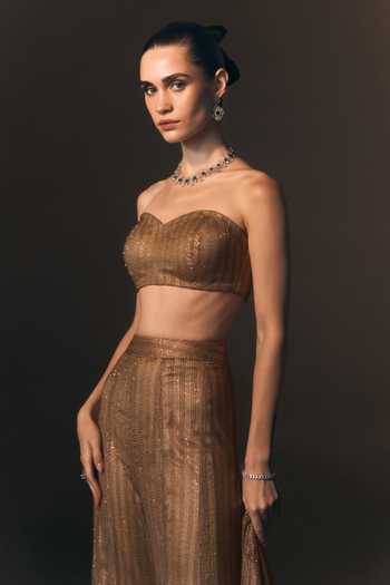 Angad Singh Gold Net Sweetheart Neck Solaire Soft Jacket And Sharara Set With Bustier Online at Aza Fashions Angad Singh_Gold Net Sweetheart Neck Solaire Soft Jacket And Sharara Set With Bustier _Online_at_Aza_Fashions