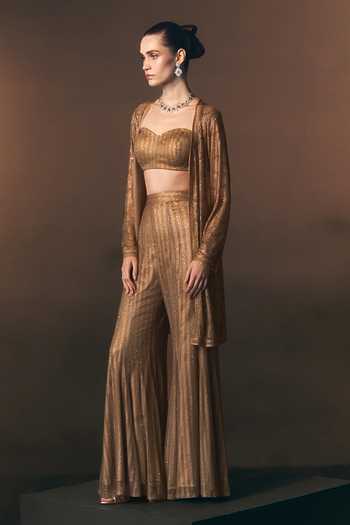 Shop Angad Singh Gold Net Sweetheart Neck Solaire Soft Jacket And Sharara Set With Bustier Online at Aza Fashions Shop_Angad Singh_Gold Net Sweetheart Neck Solaire Soft Jacket And Sharara Set With Bustier _Online_at_Aza_Fashions