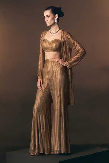 Angad Singh Gold Net Sweetheart Neck Solaire Soft Jacket And Sharara Set With Bustier at Aza Fashions Angad Singh_Gold Net Sweetheart Neck Solaire Soft Jacket And Sharara Set With Bustier _at_Aza_Fashions