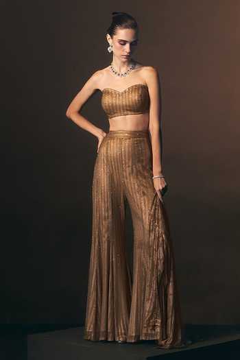 Buy Angad Singh Gold Net Sweetheart Neck Solaire Soft Jacket And Sharara Set With Bustier Buy_Angad Singh_Gold Net Sweetheart Neck Solaire Soft Jacket And Sharara Set With Bustier