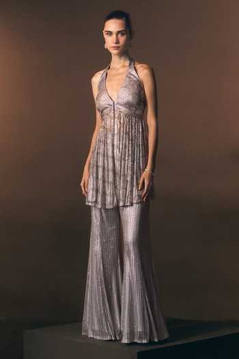 ANGAD SINGH Grey Net Halter Neck Slate Soft Top And Sharara Set Online at Aza Fashions ANGAD SINGH_Grey Net Halter Neck Slate Soft Top And Sharara Set _Online_at_Aza_Fashions