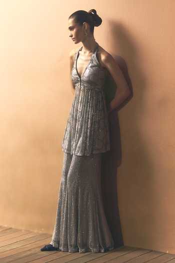Buy ANGAD SINGH Grey Net Halter Neck Slate Soft Top And Sharara Set Online at Aza Fashions Buy_ANGAD SINGH_Grey Net Halter Neck Slate Soft Top And Sharara Set _Online_at_Aza_Fashions