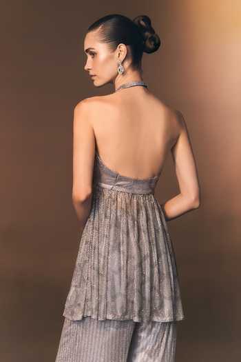 Shop ANGAD SINGH Grey Net Halter Neck Slate Soft Top And Sharara Set Online at Aza Fashions Shop_ANGAD SINGH_Grey Net Halter Neck Slate Soft Top And Sharara Set _Online_at_Aza_Fashions