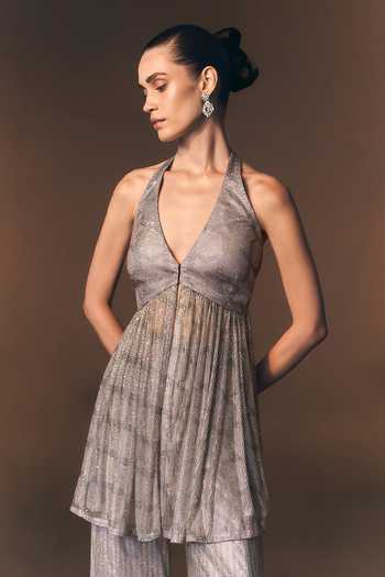 ANGAD SINGH Grey Net Halter Neck Slate Soft Top And Sharara Set at Aza Fashions ANGAD SINGH_Grey Net Halter Neck Slate Soft Top And Sharara Set _at_Aza_Fashions