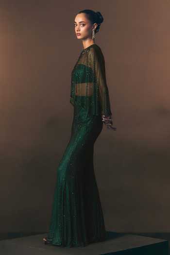 Angad Singh_Green Net Bandeau Neck Verdant Soft Pant Set With Bustier _Online_at_Aza_Fashions