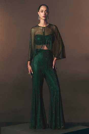 Buy_Angad Singh_Green Net Bandeau Neck Verdant Soft Pant Set With Bustier _Online_at_Aza_Fashions