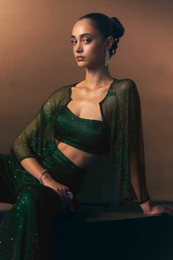 Shop_Angad Singh_Green Net Bandeau Neck Verdant Soft Pant Set With Bustier _Online_at_Aza_Fashions