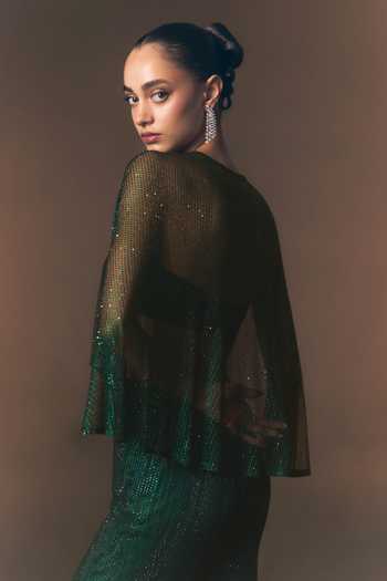 Angad Singh_Green Net Bandeau Neck Verdant Soft Pant Set With Bustier _at_Aza_Fashions