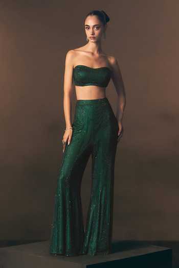 Buy_Angad Singh_Green Net Bandeau Neck Verdant Soft Pant Set With Bustier 