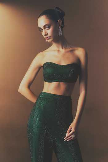 Shop_Angad Singh_Green Net Bandeau Neck Verdant Soft Pant Set With Bustier 