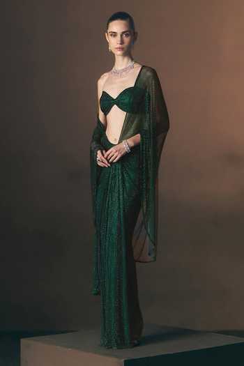 Angad Singh_Green Net Sweetheart Neck Cypress Soft Saree And Blouse _Online_at_Aza_Fashions