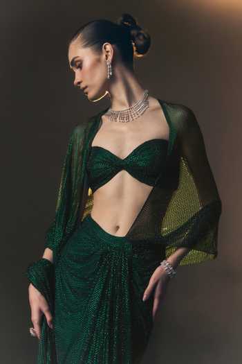 Buy_Angad Singh_Green Net Sweetheart Neck Cypress Soft Saree And Blouse _Online_at_Aza_Fashions