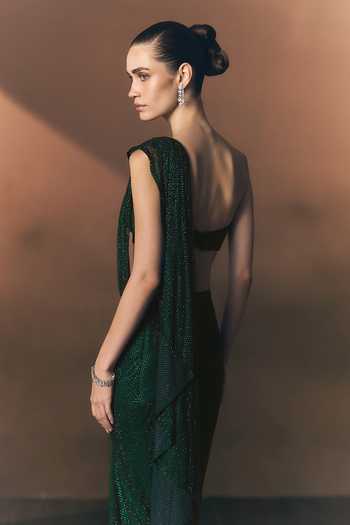 Shop_Angad Singh_Green Net Sweetheart Neck Cypress Soft Saree And Blouse _Online_at_Aza_Fashions