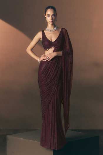 ANGAD SINGH_Maroon Net V-neck Cerise Pre-draped Soft Saree And Blouse _Online_at_Aza_Fashions