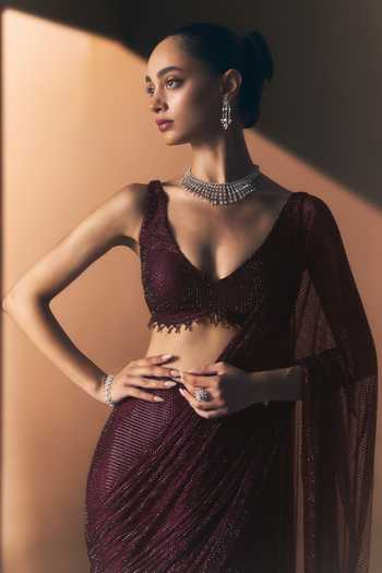 Buy_ANGAD SINGH_Maroon Net V-neck Cerise Pre-draped Soft Saree And Blouse _Online_at_Aza_Fashions
