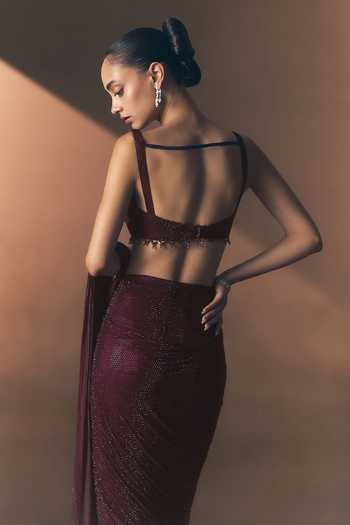 Shop_ANGAD SINGH_Maroon Net V-neck Cerise Pre-draped Soft Saree And Blouse _Online_at_Aza_Fashions