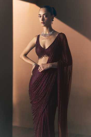 ANGAD SINGH_Maroon Net V-neck Cerise Pre-draped Soft Saree And Blouse _at_Aza_Fashions