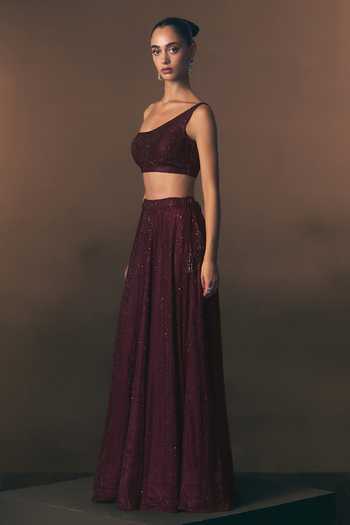 ANGAD SINGH_Maroon Net One Shoulder Scarlet Soft Lehenga And Blouse Set _Online_at_Aza_Fashions