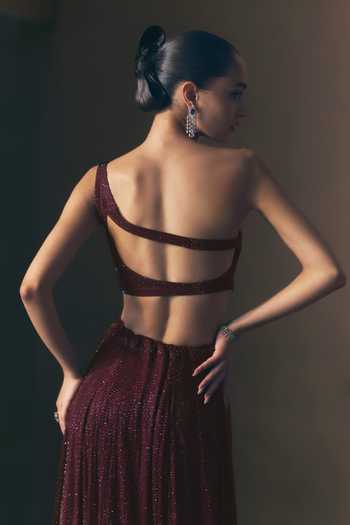 Buy_ANGAD SINGH_Maroon Net One Shoulder Scarlet Soft Lehenga And Blouse Set _Online_at_Aza_Fashions