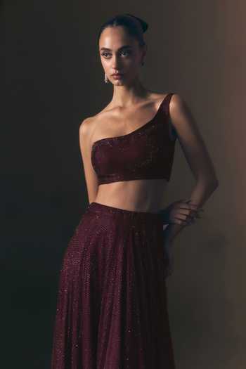 Shop_ANGAD SINGH_Maroon Net One Shoulder Scarlet Soft Lehenga And Blouse Set _Online_at_Aza_Fashions