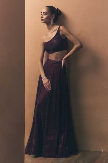 ANGAD SINGH_Maroon Net One Shoulder Scarlet Soft Lehenga And Blouse Set _at_Aza_Fashions