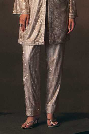ANGAD SINGH_Grey Net Mandarin Collar Sterling Soft Kurta And Pant Set _Online_at_Aza_Fashions