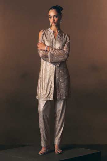 Buy_ANGAD SINGH_Grey Net Mandarin Collar Sterling Soft Kurta And Pant Set _Online_at_Aza_Fashions