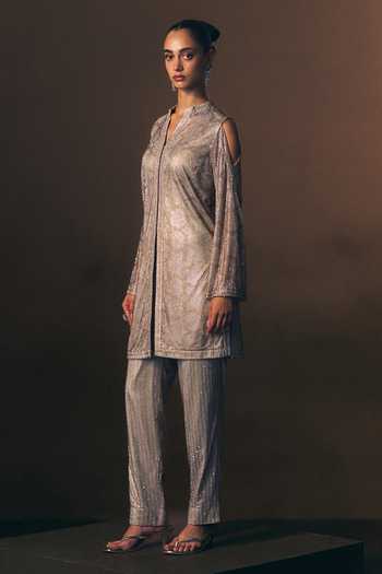 Shop_ANGAD SINGH_Grey Net Mandarin Collar Sterling Soft Kurta And Pant Set _Online_at_Aza_Fashions