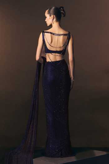 ANGAD SINGH Marine Pre-Draped Soft Net Saree & Blouse Set