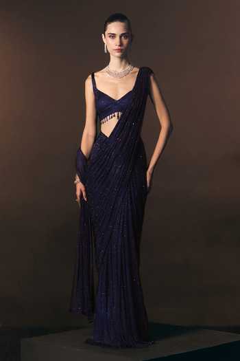 ANGAD SINGH Marine Pre-Draped Soft Net Saree & Blouse Set