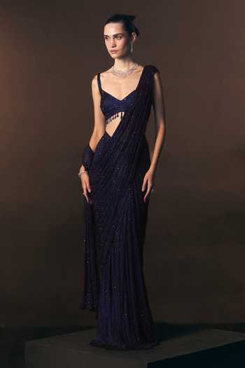ANGAD SINGH Navy Net V-neck Marine Pre-draped Soft Saree And Blouse Set Online at Aza Fashions ANGAD SINGH_Navy Net V-neck Marine Pre-draped Soft Saree And Blouse Set _Online_at_Aza_Fashions