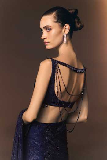 Buy ANGAD SINGH Navy Net V-neck Marine Pre-draped Soft Saree And Blouse Set Online at Aza Fashions Buy_ANGAD SINGH_Navy Net V-neck Marine Pre-draped Soft Saree And Blouse Set _Online_at_Aza_Fashions