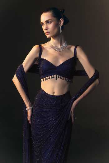Shop ANGAD SINGH Navy Net V-neck Marine Pre-draped Soft Saree And Blouse Set Online at Aza Fashions Shop_ANGAD SINGH_Navy Net V-neck Marine Pre-draped Soft Saree And Blouse Set _Online_at_Aza_Fashions