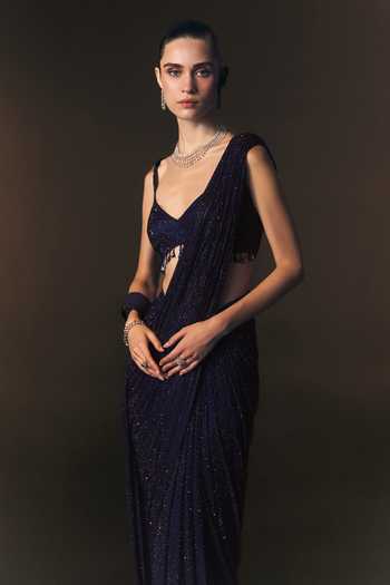 ANGAD SINGH Navy Net V-neck Marine Pre-draped Soft Saree And Blouse Set at Aza Fashions ANGAD SINGH_Navy Net V-neck Marine Pre-draped Soft Saree And Blouse Set _at_Aza_Fashions