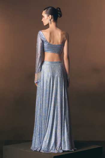 Shop Angad Singh Silver Net One Shoulder Halcyon Embroidered Soft Blouse And Skirt Set at Aza Fashions Shop_Angad Singh_Silver Net One Shoulder Halcyon Embroidered Soft Blouse And Skirt Set _at_Aza_Fashions
