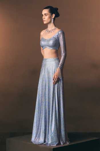 Angad Singh Silver Net One Shoulder Halcyon Embroidered Soft Blouse And Skirt Set Online at Aza Fashions Angad Singh_Silver Net One Shoulder Halcyon Embroidered Soft Blouse And Skirt Set _Online_at_Aza_Fashions